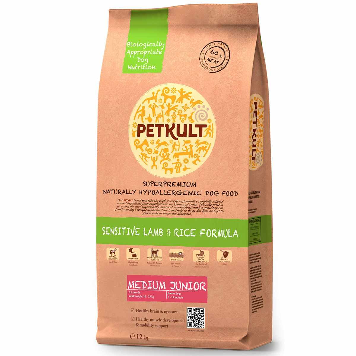 Petkult Dog Medium Junior Sensitive Miel & Orez, 12 kg