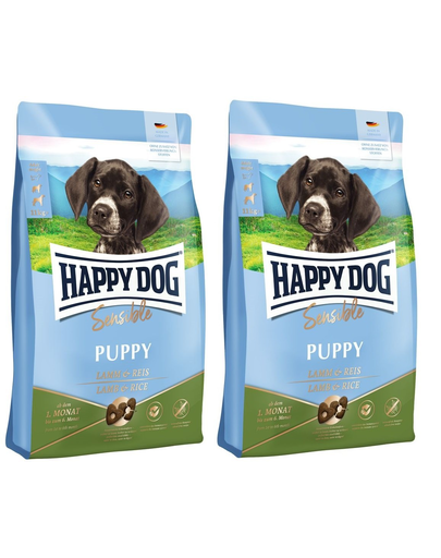 HAPPY DOG Sensible Puppy Lamm 20 (2x10 kg) cu miel si orez, pentru catei cu tract digestiv sensibil