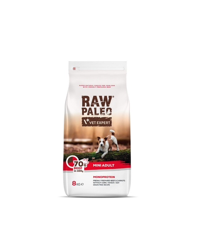 VETEXPERT Raw Paleo Beef Adult Mini 8 kg sac hrana caini adulti talie mica, cu vita