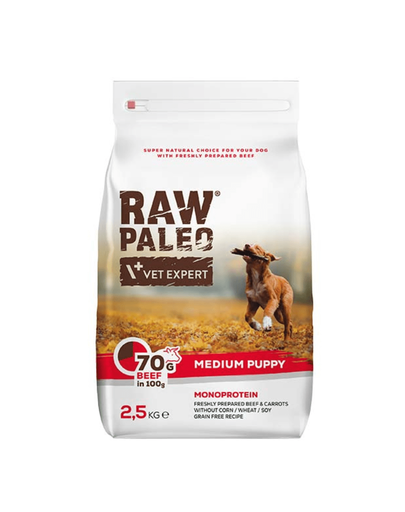 VETEXPERT Raw Paleo Beef Puppy Medium 2,5 kg hrana caine juniori talie medie, cu vita