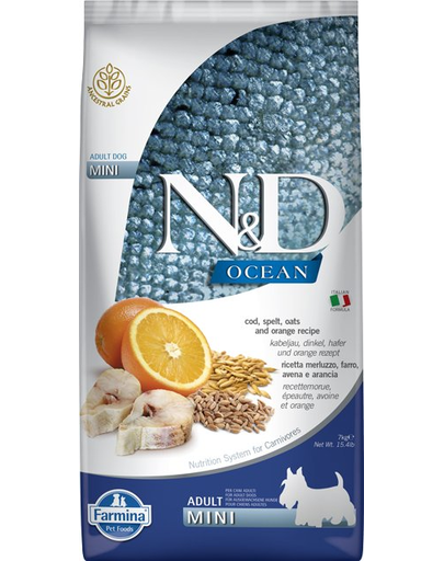 FARMINA N&D Ocean Adult Mini, Hrana uscata pentru caini de talie mica, cu cod, grau, ovaz, portocale 2,5 kg