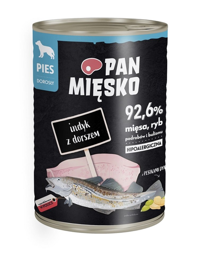 PAN MIĘSKO Conserva hrana umeda hipoalergenica caini, cu carne de curcan si cod 400g