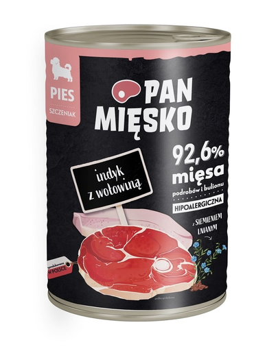 PAN MIĘSKO Hrana umeda hipoalergenica pentru catelusi, cu curcan si carne de vita 400g