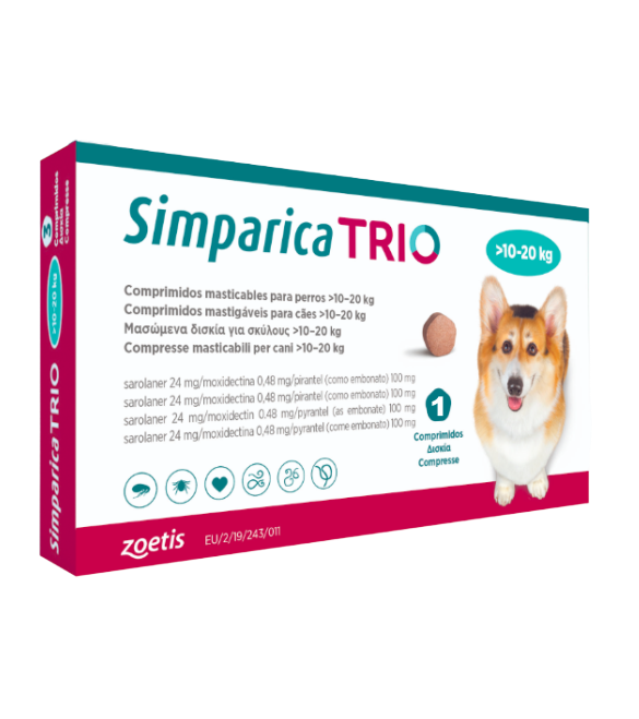 Simparica Trio Caini 24 mg (10.1 - 20 kg) Deparazitare interna si externa, 3 x comprimate masticabile
