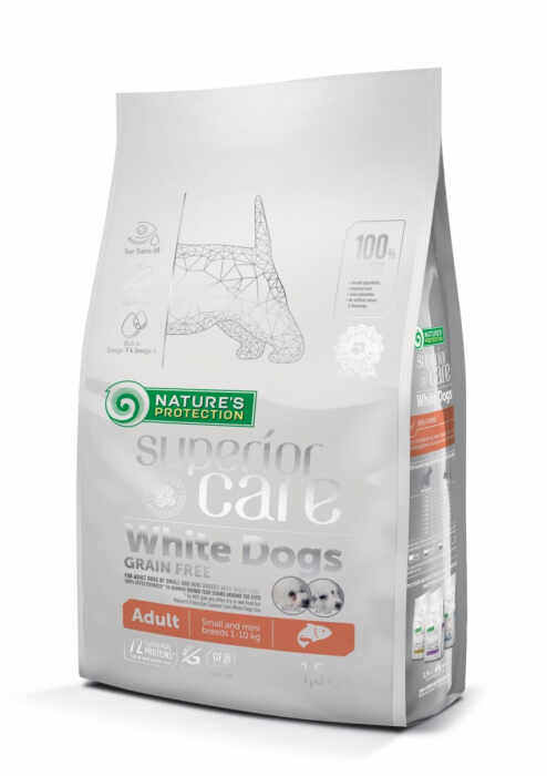 NATURES PROTECTION Superior Care White Dogs SmallMini Grain Free, Somon, ajuta la eliminarea lacrimarii excesive si reducerea petelor maronii de la ochi, 10 kg