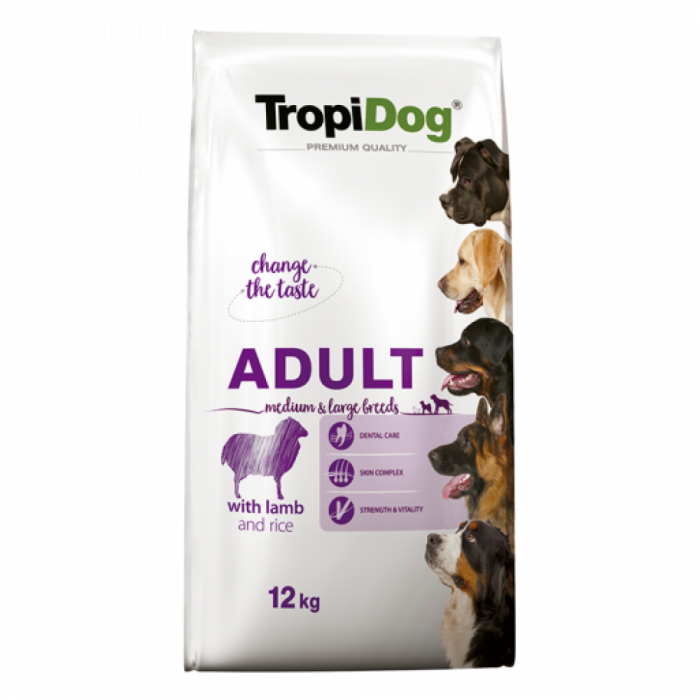 TropiDog, hrana uscata Premium Adult, pentru talie medie si mare, miel orez, 12 kg