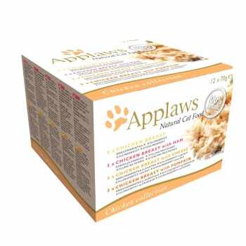 APPLAWS Chicken Selection Multipack, 4 arome ( Pui, Pui și Șuncă, Pui și Dovleac, Pui și Brânză), pachet mixt, conservă hrană umedă pisici, 70g x 12