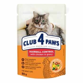 CLUB 4 PAWS Premium Hairball Control, Pui, plic hrană umedă pisici, limitarea ghemurilor de blană, (în sos), 80g
