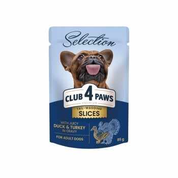 CLUB 4 PAWS Premium Plus Selection, XS-S, Rață și Curcan, plic hrană umedă câini, (în sos), 85g