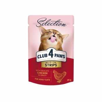 CLUB 4 PAWS Premium Selection Stripsuri, Pui, plic hrană umedă pisici, (în sos), 85g