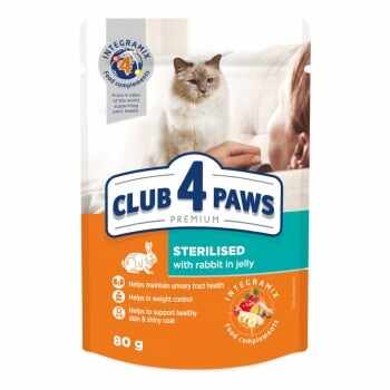 CLUB 4 PAWS Premium Sterilised, Iepure, plic hrană umedă pisici sterilizate, (în aspic), 80g