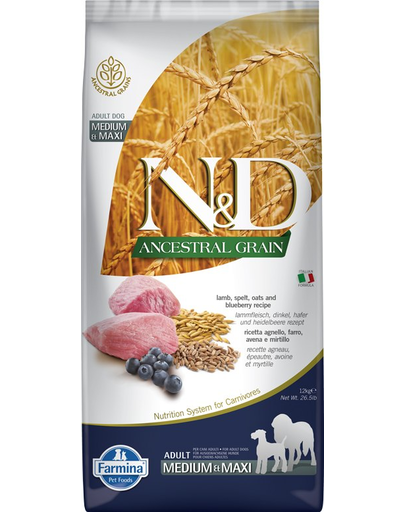 FARMINA N&D Ancestral Grain Adult Medium/Maxi Hrana caini adulti talie medie si mare, cu miel, grau, ovaz, afine 12 kg