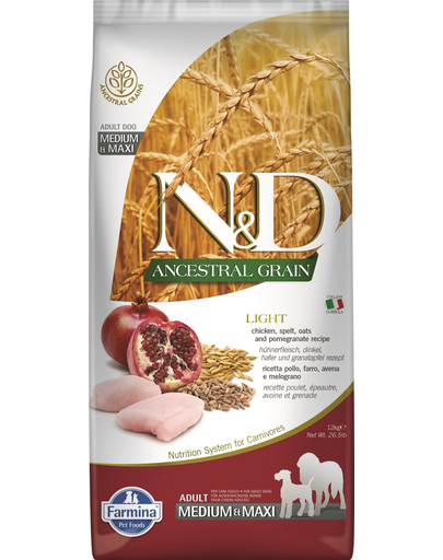 FARMINA N&D Low Grain Light Adult Medium/Maxi Sac hrana uscata pentru caini talie medie sau mare, cu pui si rodie 12 kg