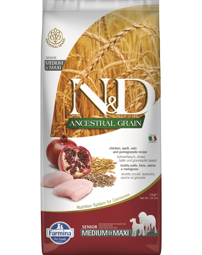 FARMINA N&D Low Grain Senior Medium/Maxi Hrana uscata pentru caini seniori talie medie si mare,cu pui si rodie 12 kg