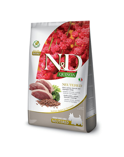 FARMINA N&D Quinoa Hrana pentru caini sterilizati sau castrati de talie mica, cu rata, broccoli si sparanghel 7 kg