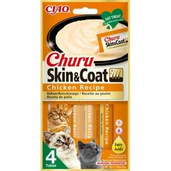 INABA Churu Skin&Coat, Pui, plic recompense funcționale fără cereale pisici, piele & blană, (topping), 56g