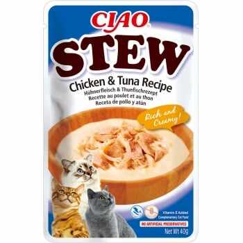 INABA Ciao Stew, Pui și Scoici, plic hrană umedă fără cereale pisici, (în sos), 40g