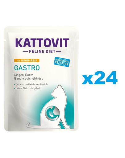 KATTOVIT Feline Diet Gastro hrana umeda dietetica pentru pisici cu afectiuni gastrointestinale, pui si orez 24 x 85 g
