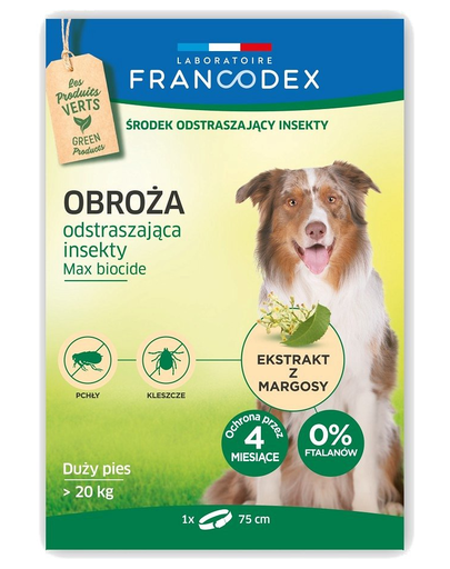 FRANCODEX Zgarda protectie anti-purici si insecte pentru caini cu greutate peste 20 kg - 4 luni de protectie, 75 cm