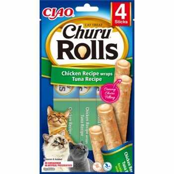 INABA Churu Rolls, Pui și Ton, punguță recompense fără cereale pisici, semimoist, 40g