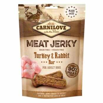 CARNILOVE Jerky, XS-XL, Curcan și Iepure, punguță recompense fără cereale câini, 100g