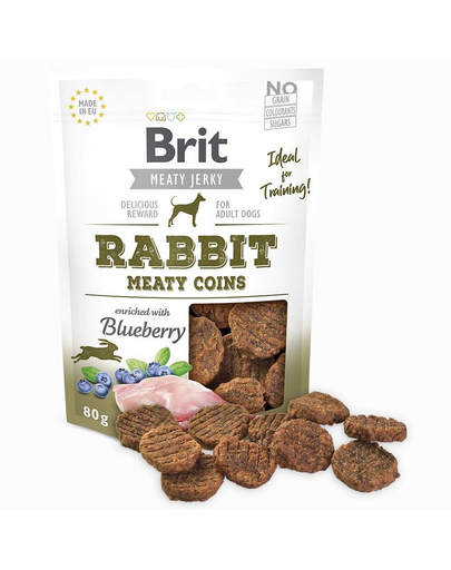 BRIT Jerky Rabbit Meaty coins 80g Recompense cu iepure si afine pentru caini