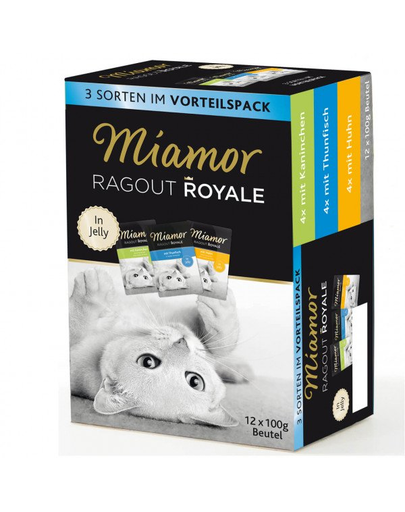 MIAMOR Ragout Royale Multibox 12 x 100 g hrana completa pentru pisici, cu iepure, ton si pui.