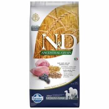 N&D Ancestral Grain Adult Medium/Maxi, M-XL, Miel și afine, hrană uscată conținut redus cereale câini, 12kg