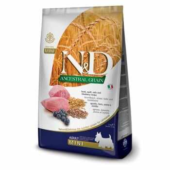 N&D Ancestral Grain Adult Mini, XS-S, Miel și afine, hrană uscată conținut redus cereale câini, 7kg
