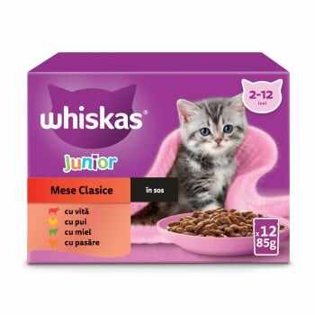 WHISKAS Junior Selectii Clasice, Miel, Vită, Pui și Pasăre, plic hrană umedă pisici, (în sos), multipack, 85g x 12
