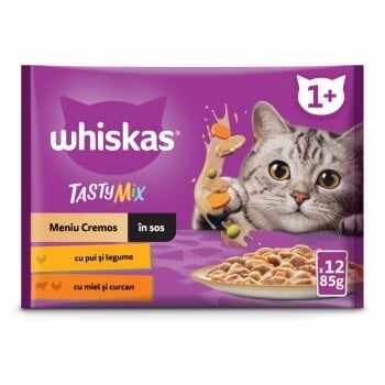 WHISKAS Tasty Mix Creamy Creations, Pui și Legume, Miel și Curcan, plic hrană umedă pisici, (în sos), multipack, 85g x 12