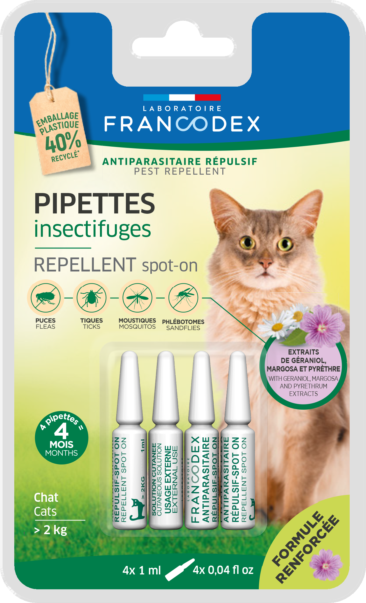 Francodex, Spot On Repelent Geraniol Cat, 4x1 ml