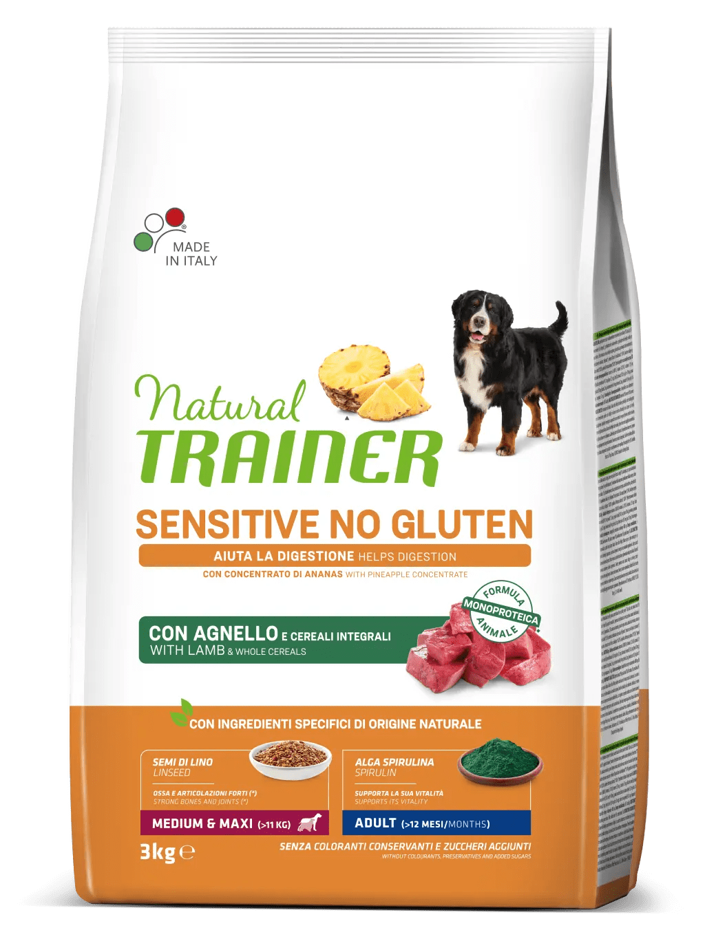 Natural Trainer, Sensitive No Gluten Medium Maxi Adult, Miel si Cereale Integrale, 3 kg