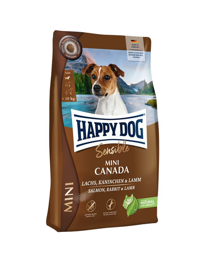 HAPPY DOG Sensible Mini Canada 4kg Hrana uscata caine talie mica, cu somon, miel si iepure