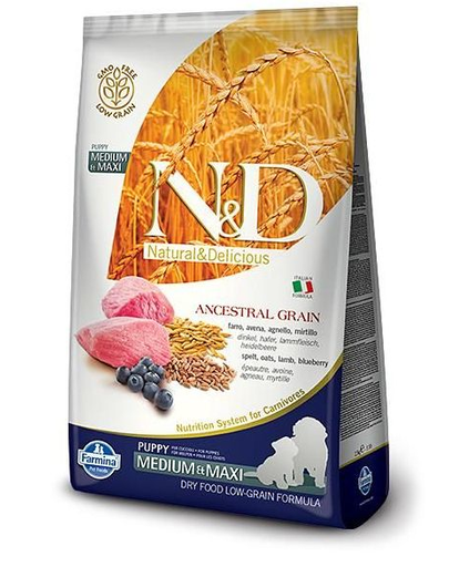 N&D Low Grain Dog Lamb & Blueberry Puppy Medium & Maxi Sac hrana catei talie medie si mare, cu miel si afine 12 kg