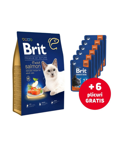 BRIT Cat Premium by Nature Adult salmon 8 kg + 6x100g GRATIS plicuri hrana umeda pisica sterilizata, somon