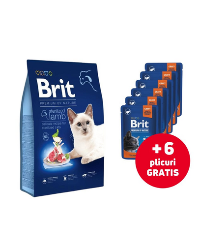 BRIT Cat Premium by Nature Sterilised lamb 8 kg + 6x100g GRATIS hrana cu somon, pisici sterilizate