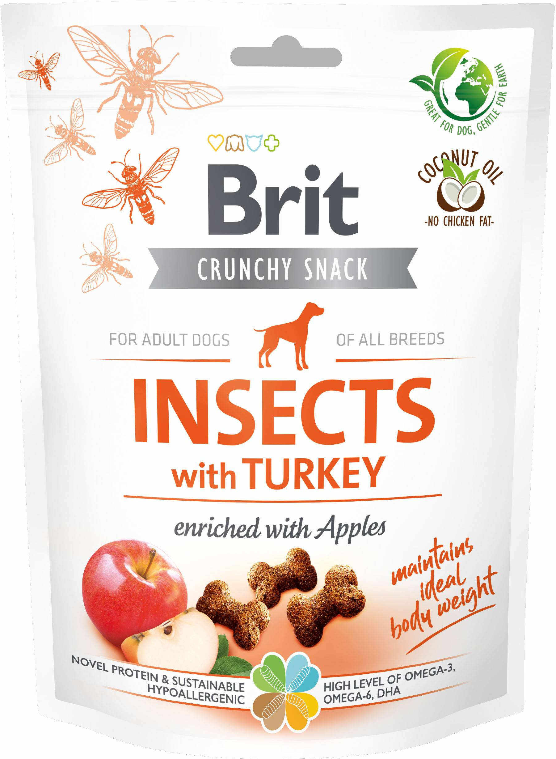 BRIT Crunchy Snack, recompensă pentru câini, cu Insecte, Curcan şi Mere 200g