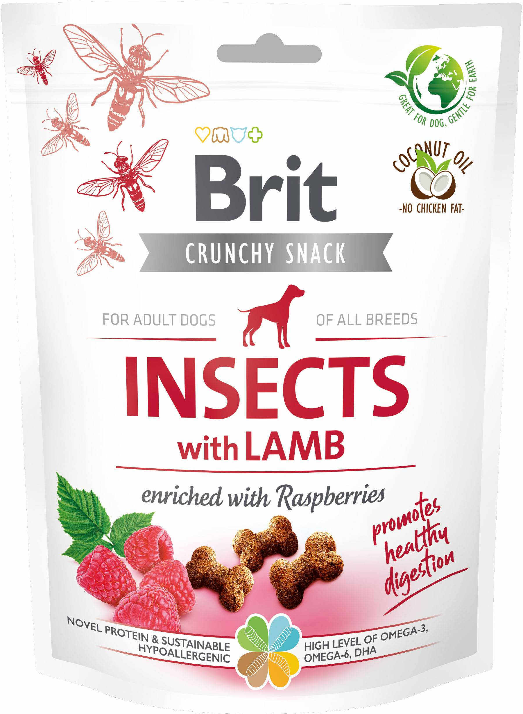 BRIT Crunchy Snack, recompensă pentru câini, cu Insecte, Miel şi Zmeură 200g
