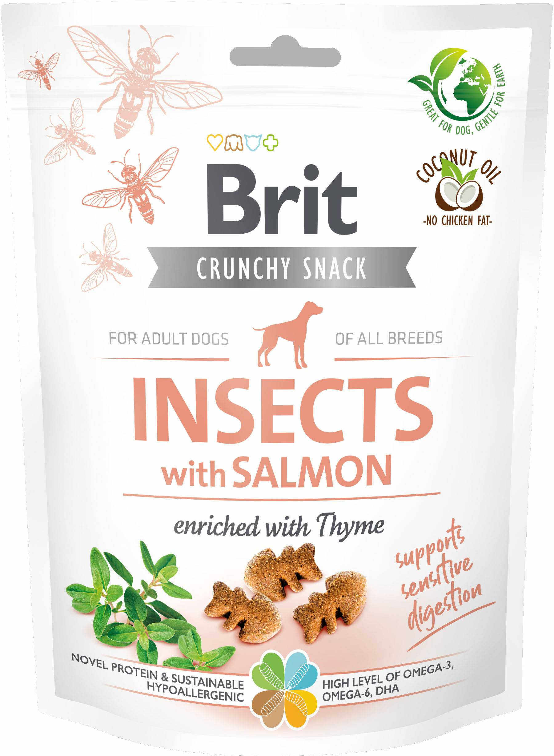 BRIT Crunchy Snack, recompensă pentru câini, cu Insecte, Somon şi Cimbru 200g