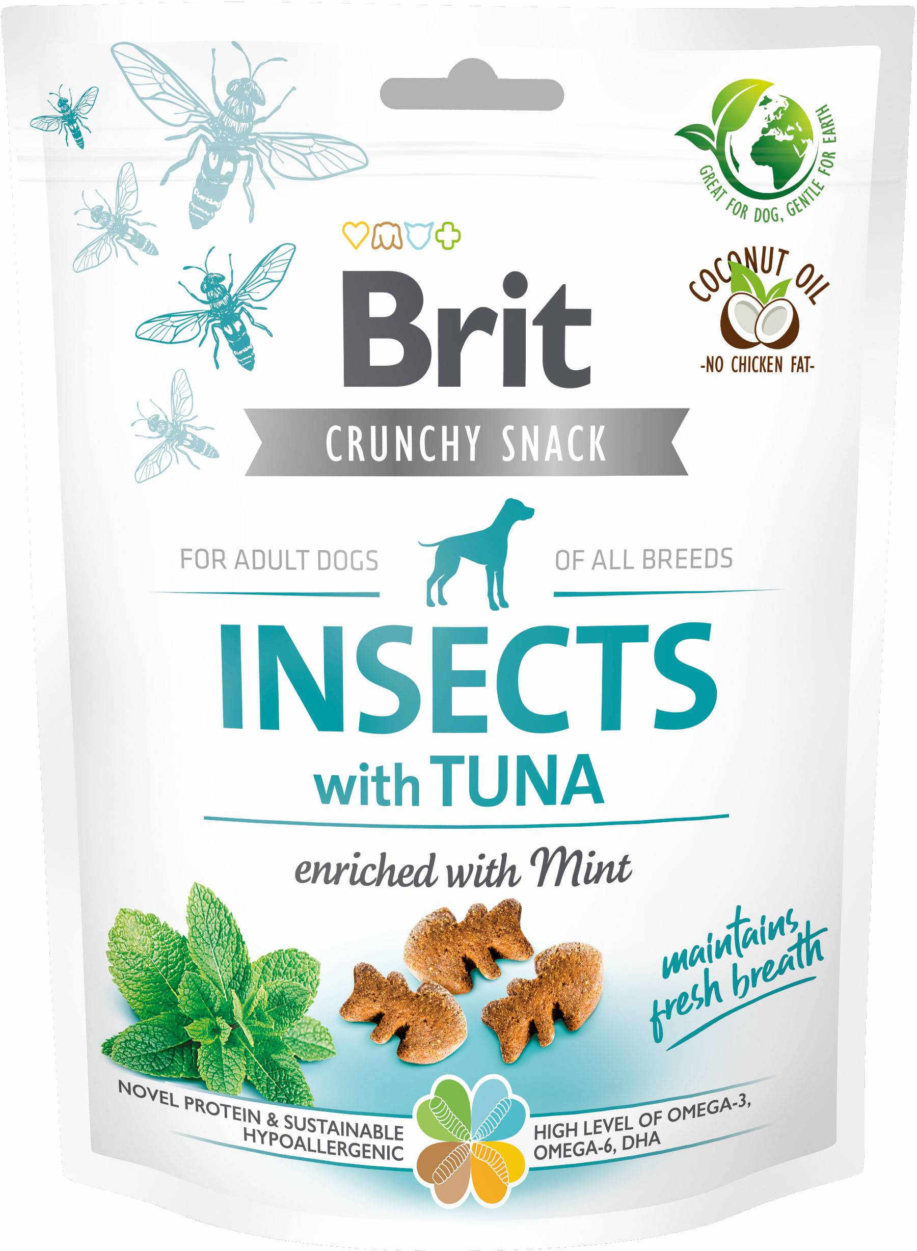 BRIT Crunchy Snack, recompensă pentru câini, cu Insecte, Ton şi Mentă 200g