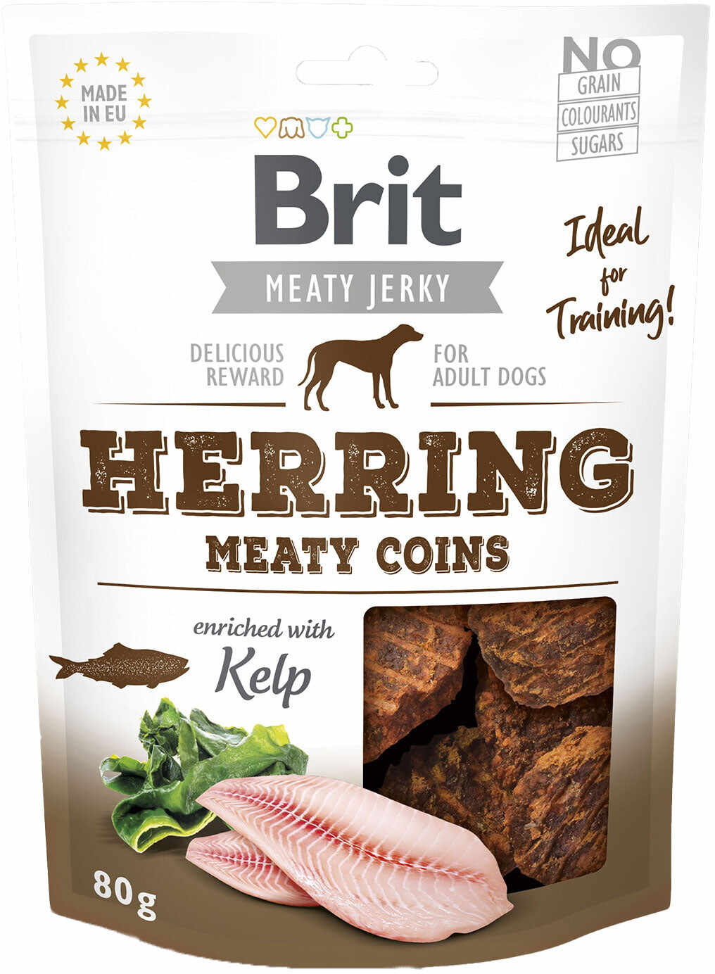 BRIT Jerky Meaty Coins Hering, recompensă pentru câini, cu carne de hering 80g