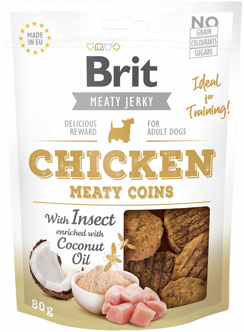 BRIT Jerky Meaty Coins Pui/Insecte, recomp pt câini, cu pui şi insecte