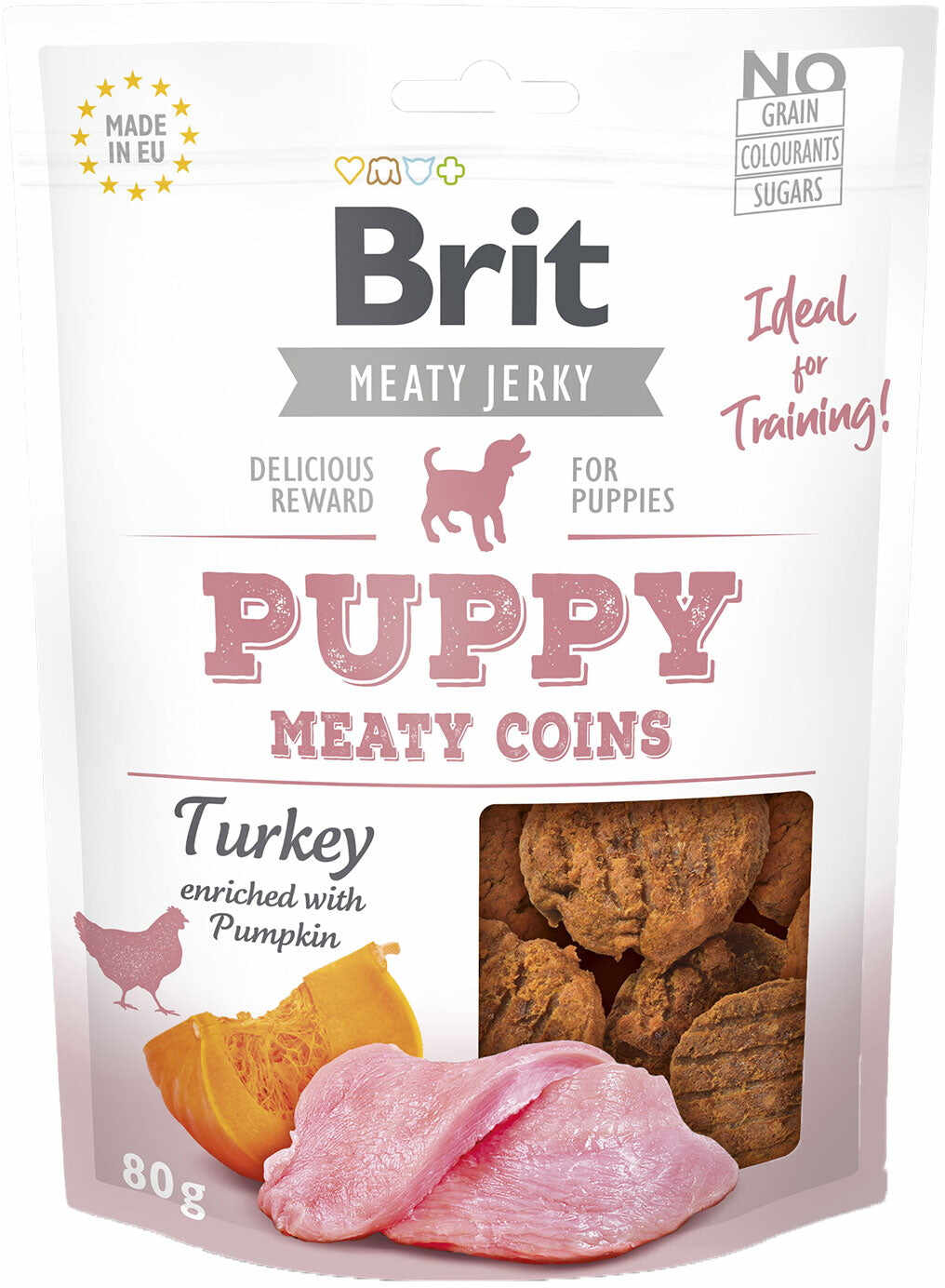 BRIT Jerky PUPPY Meaty Coins Curcan, recompense pt. căţei, carne de curcan 80g