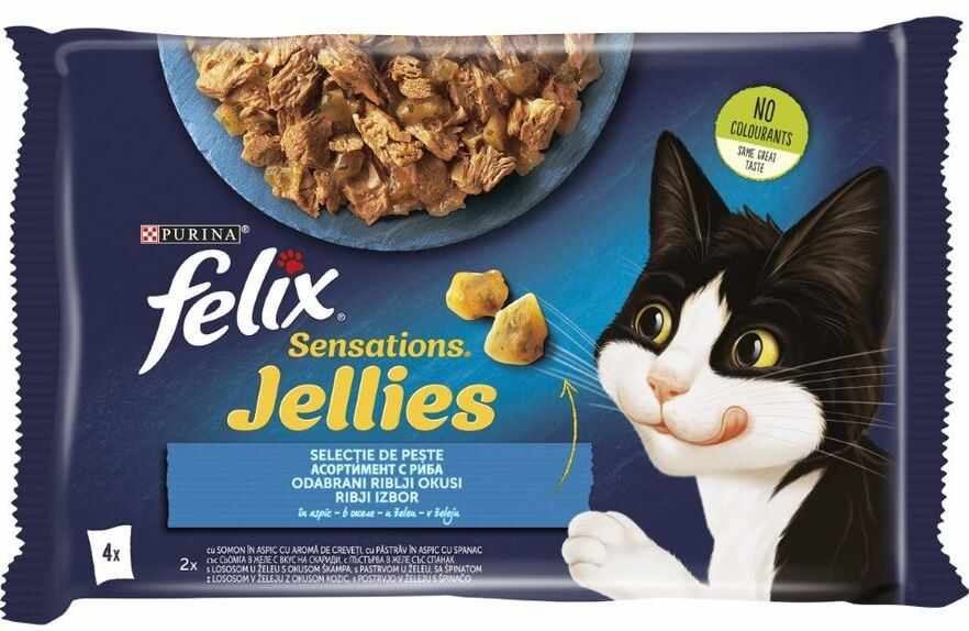 FELIX Sensations Gelees plicuri pentru pisici, somon şi păstrăv, 4x85g