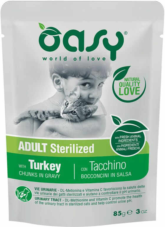 OASY Chunks in Gravy Plic pentru pisici sterilizate, Curcan 85g
