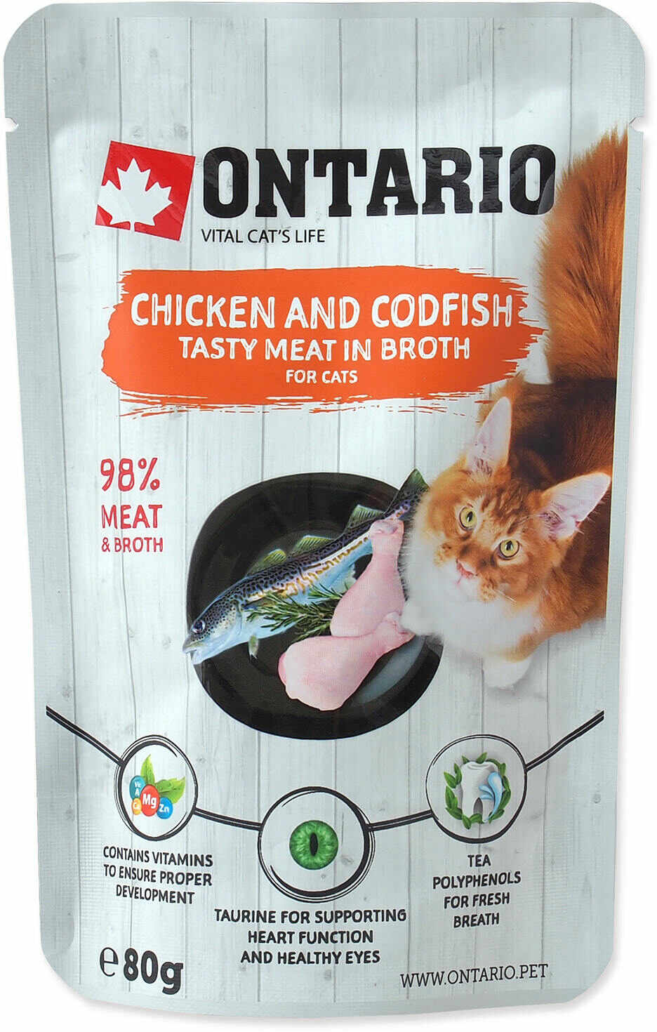 ONTARIO Plic pentru pisici adulte, cu Pui şi Cod, în supă 80g
