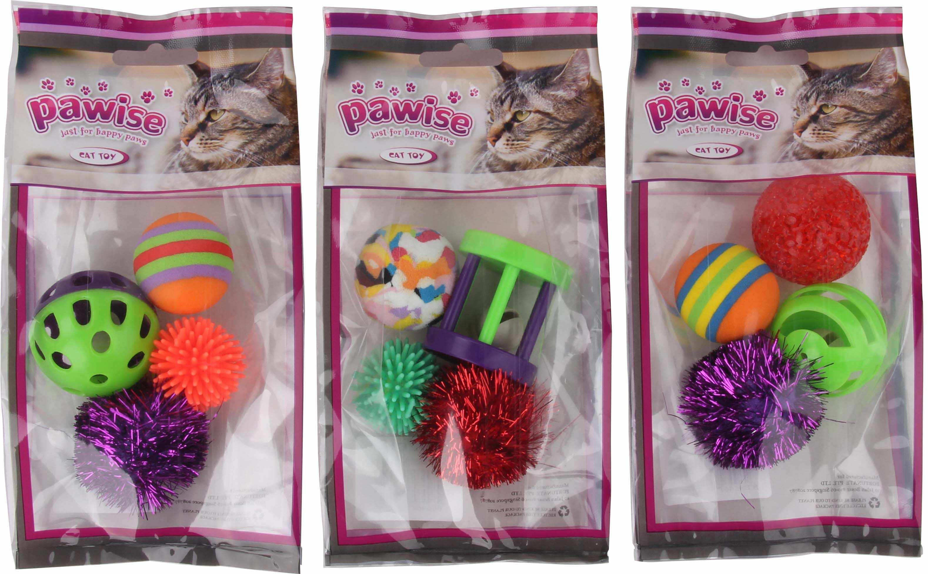 PAWISE Jucărie pentru pisici Set 4 Mingi asortate, diverse modele şi culori