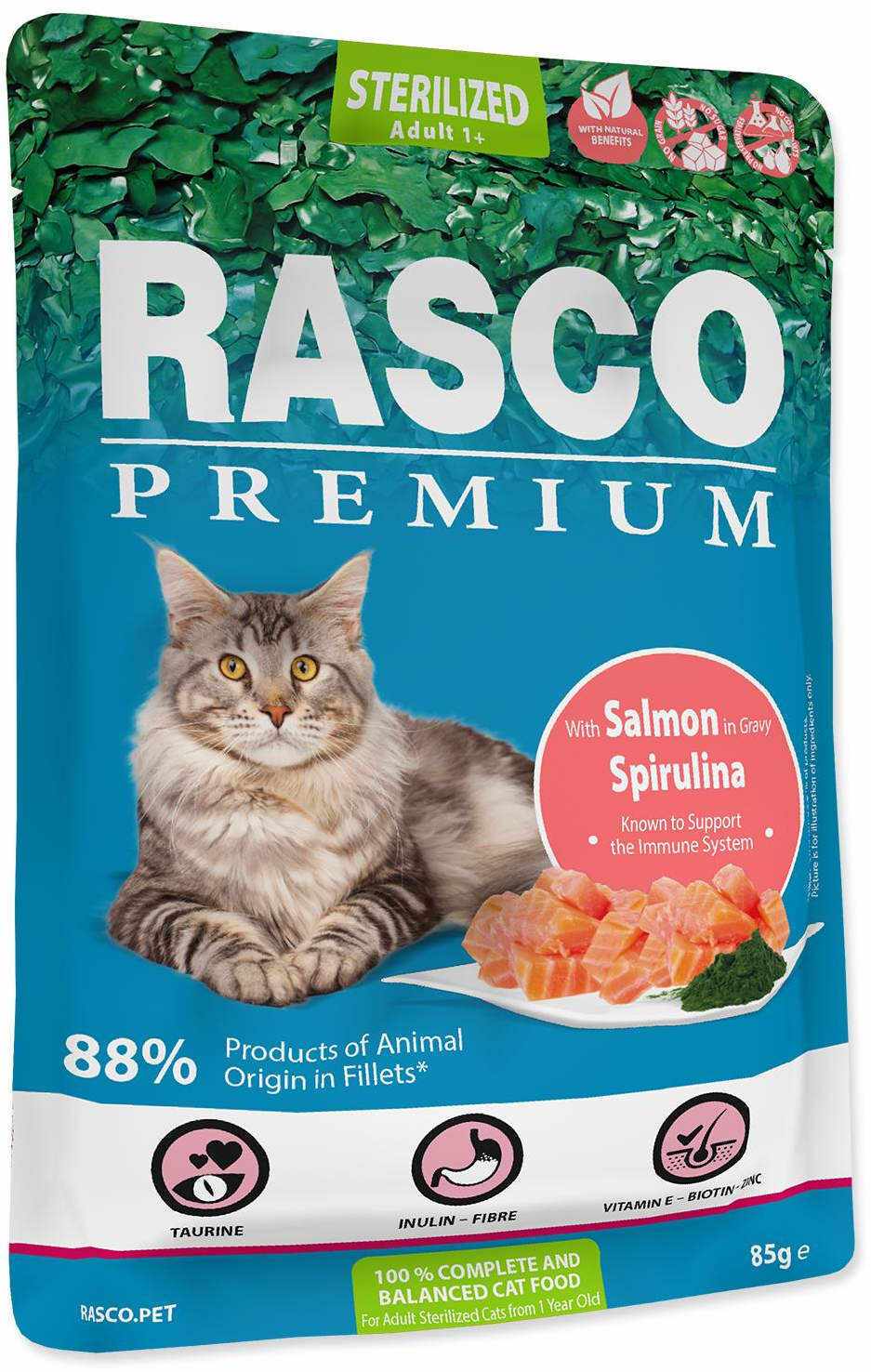 RASCO Premium Sterilized Plic pentru pisici adulte, cu Somon şi Spirulină 85g