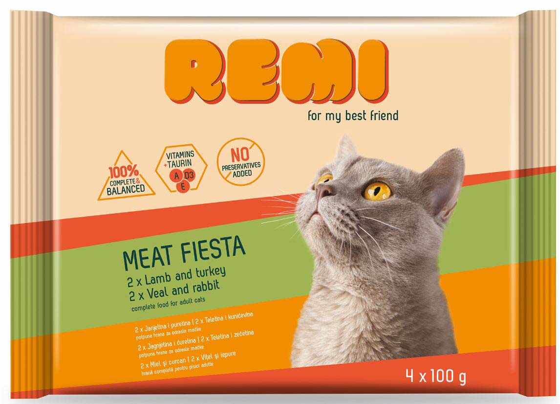 REMI Pachet plicuri pentru pisici Adulte, cu Miel/Curcan şi Viţel/Iepure 4x100g